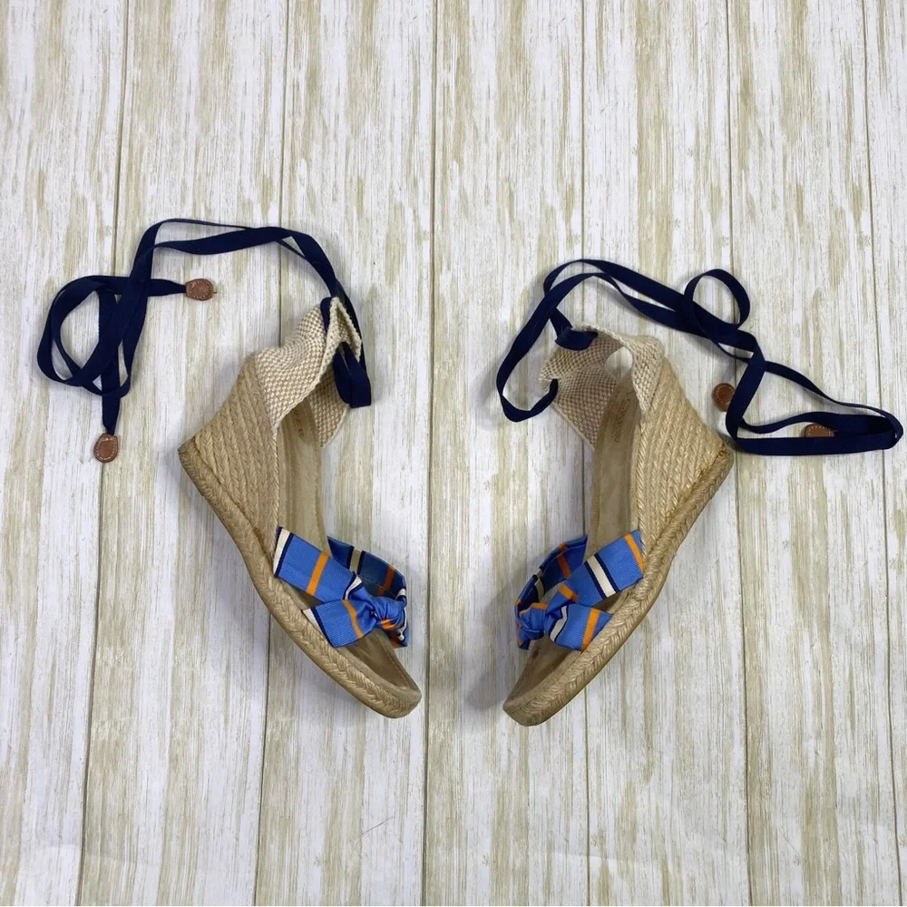 J. Crew Blue Striped Marianne Wrap Ankle Espadrille Wedge Sandals